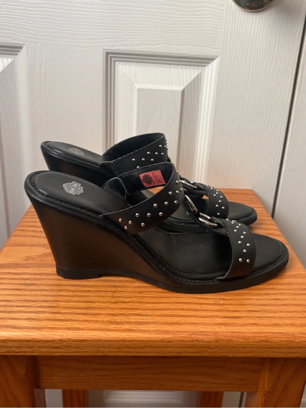 🆕HARLEY-DAVIDSON Black Leather Studded Moto Biker Strappy Ring Wedge Sandals 7.5